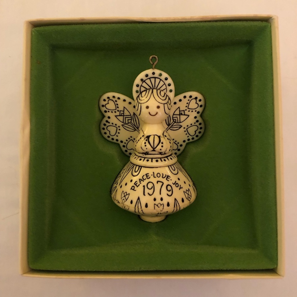 Hallmark Peace Love Joy 1979 Angel Ornament - Cream Scrimshaw Decorative Holiday